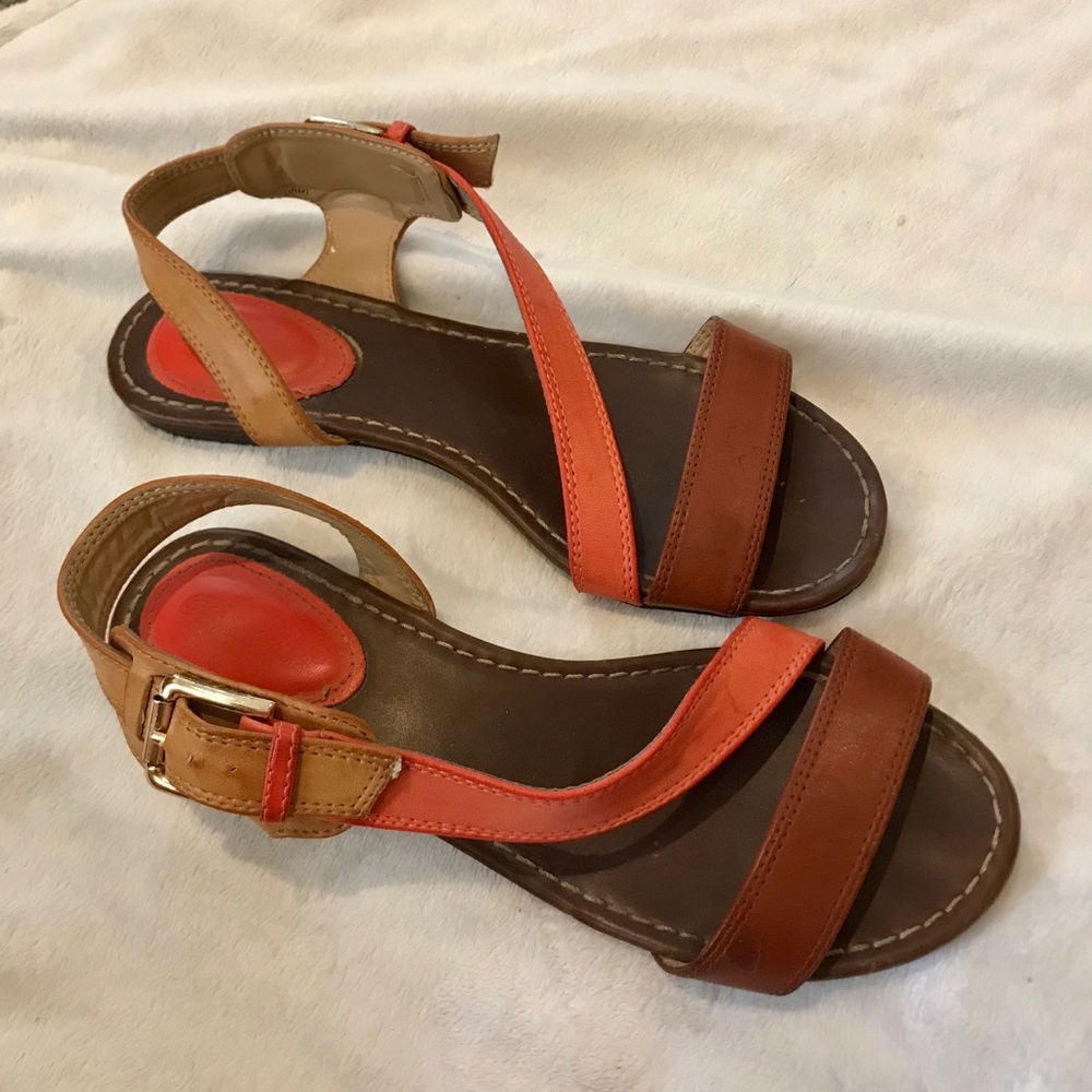 Brown, tan, and coral sandals